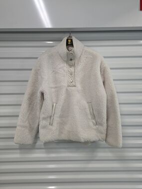 Athleta Womens Sherpa 1/4 Snap Pullover Jacket White Snap Neck Fleece M (BA)